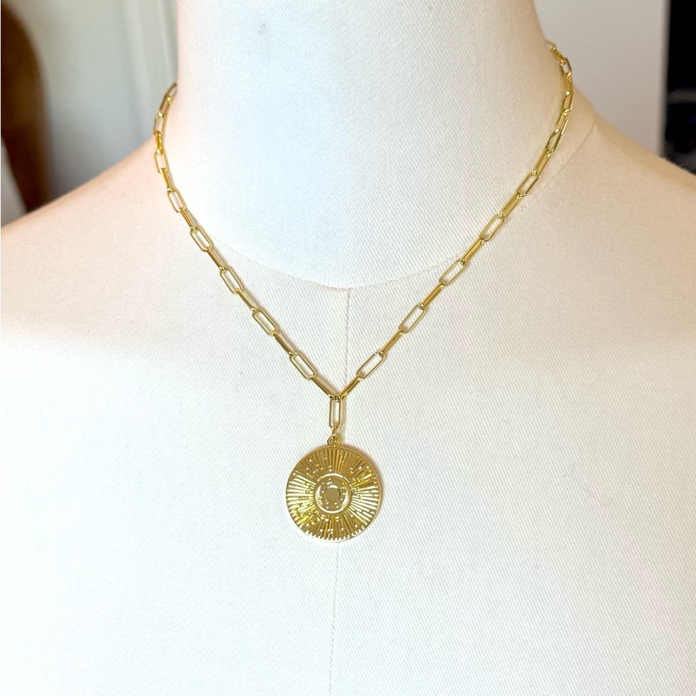 Gold Sunburst Disc Pendant Necklace - Paperclip Chain - 16-18”